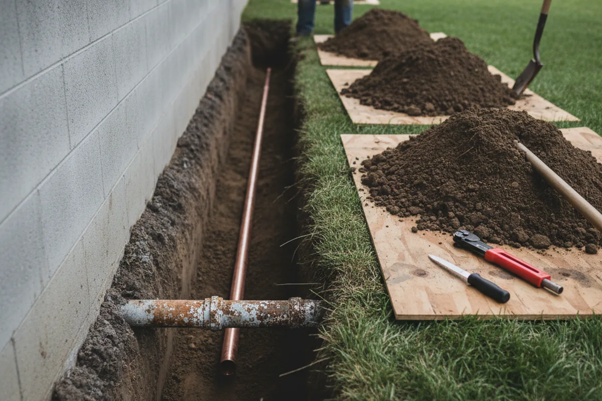 Excavated water line trench during Water Heater Repair in Locust